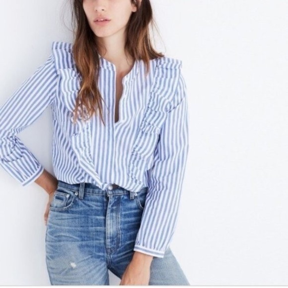 Madewell Whitney blue Striped Ruffle Blouse XXS